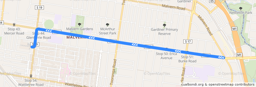 Mapa del recorrido Tram 6d: Glen Iris => Malvern Depot (High Street & Glenferrie Road) de la línea  en City of Stonnington.