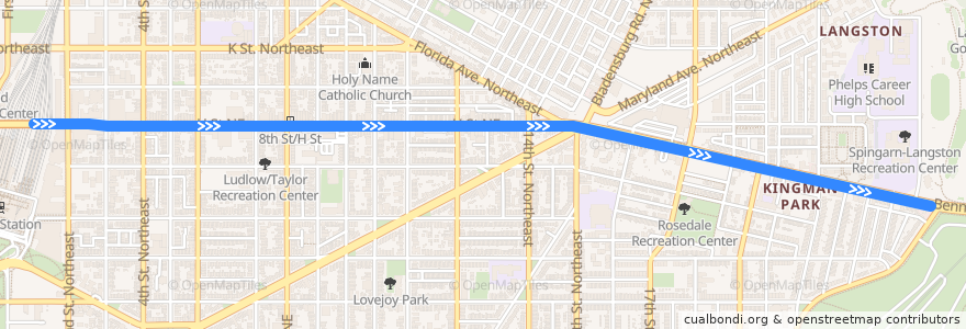 Mapa del recorrido H Street/Benning Road Streetcar: Union Station → Oklahoma Avenue de la línea  en Washington.