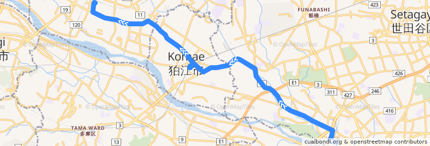 Mapa del recorrido 調布南口線 二子玉川駅⇒調布駅 de la línea  en 東京都.