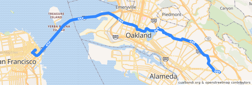 Mapa del recorrido AC Transit NL: Eastmont Transit Center => Salesforce Transit Center de la línea  en Californië.