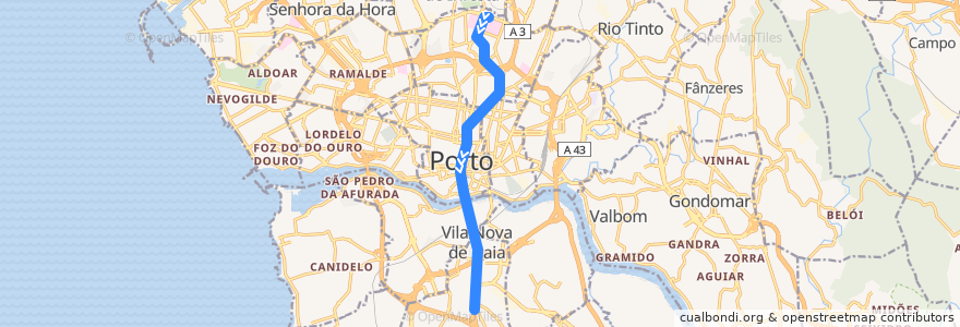 Mapa del recorrido Linha D: Hospital de São João => Santo Ovídio de la línea  en Porto.