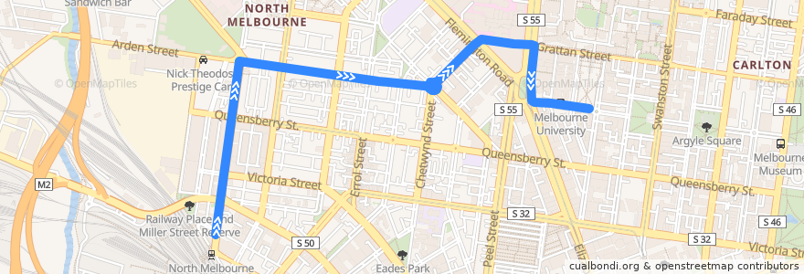 Mapa del recorrido Bus 401: North Melbourne railway station => Lincoln Square de la línea  en City of Melbourne.