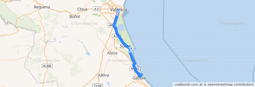 Mapa del recorrido C-1: València - Nord => Platja i Grau de Gandia de la línea  en València / Valencia.