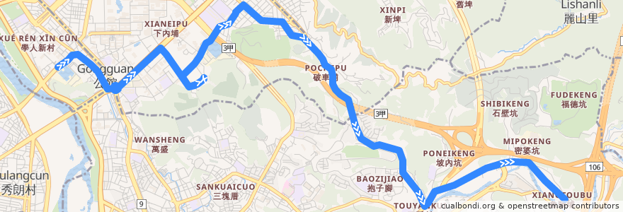 Mapa del recorrido 臺北市 小30 木柵路五段-自來水博物館 (往木柵路五段) de la línea  en Taipei.