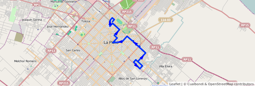 Mapa del recorrido 61 de la línea Este en Partido de La Plata.