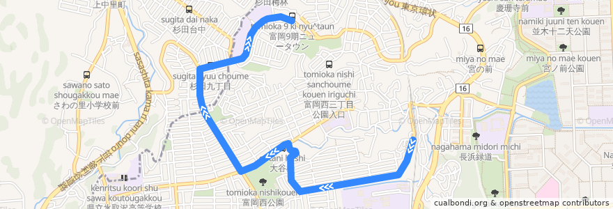 Mapa del recorrido 京急バス 富5 京急富岡駅〜富岡9期ニュータウン de la línea  en Kanazawa Ward.