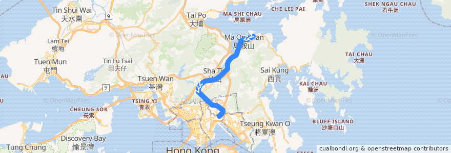 Mapa del recorrido 屯馬綫一期 Tuen Ma Line Phase 1 (烏溪沙 Wu Kai Sha → 啟德 Kai Tak) de la línea  en Hong Kong.