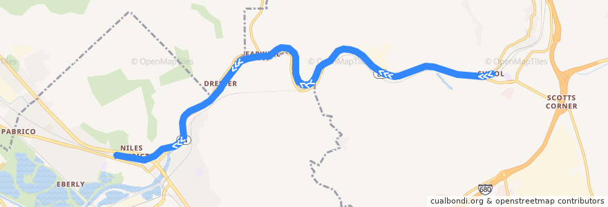 Mapa del recorrido Niles Canyon Railway de la línea  en Alameda County.