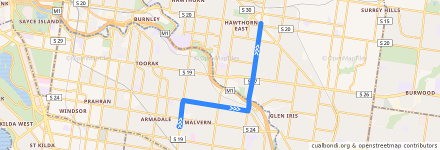 Mapa del recorrido Tram 72a: Malvern Depot => Camberwell Junction de la línea  en Melbourne.