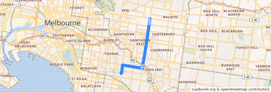 Mapa del recorrido Tram 72d: Camberwell => Malvern Depot (High Street & Glenferrie Road) de la línea  en 멜버른.