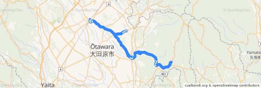 Mapa del recorrido 大田原市営バス 那須塩原駅⇒黒羽刑務所・黒羽高校⇒雲厳寺前 de la línea  en 大田原市.