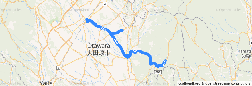 Mapa del recorrido 大田原市営バス 雲厳寺前⇒黒羽高校・黒羽刑務所⇒那須塩原駅 de la línea  en 大田原市.