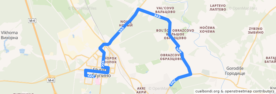 Mapa del recorrido Автобус №10: Улица Калинина - Крутышки (через Образцово) de la línea  en City district Stupino.