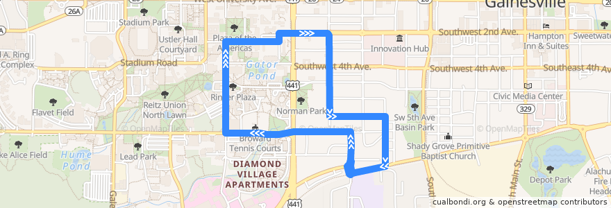 Mapa del recorrido East Circulator de la línea  en Gainesville.