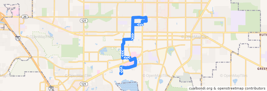 Mapa del recorrido UF North/South circulator de la línea  en Gainesville.