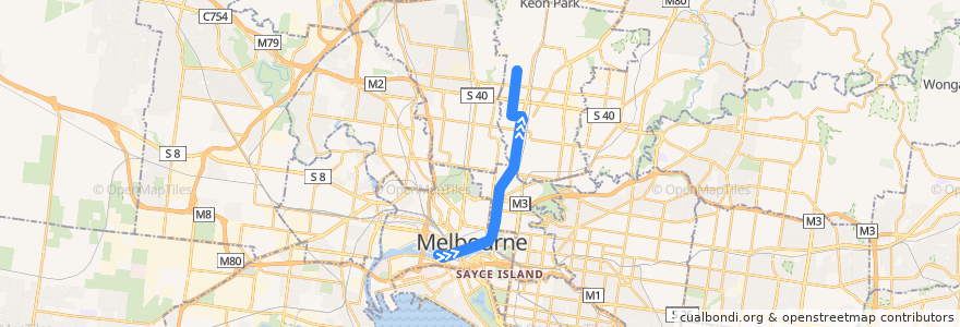 Mapa del recorrido Tram 11: Victoria Harbour => West Preston de la línea  en Melbourne.