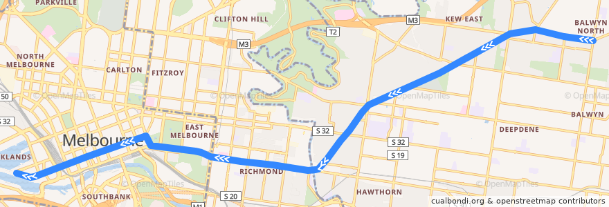 Mapa del recorrido Tram 48: North Balwyn => Victoria Harbour de la línea  en Melbourne.