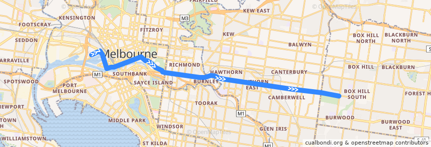 Mapa del recorrido Tram 70: Waterfront City => Wattle Park de la línea  en Melbourne.