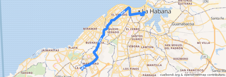 Mapa del recorrido Ruta 222 Lisa => Parque Central de la línea  en La Havane.