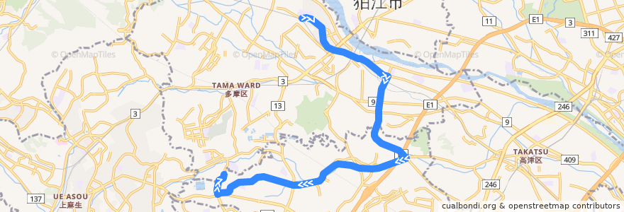 Mapa del recorrido カリタス線 鷲ヶ峰営業所前 → カリタス学園 de la línea  en 川崎市.