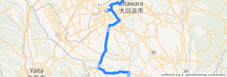 Mapa del recorrido 大田原市営バス佐久山・親園線 ふれあいの丘⇒大田原市役所・那須赤十字病院 de la línea  en 大田原市.