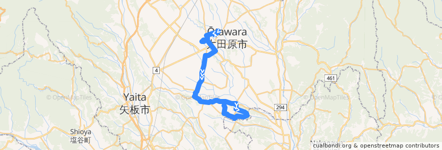 Mapa del recorrido 大田原市営バス佐久山・親園線　那須赤十字病院・大田原市役所⇒福原⇒ふれあいの丘 de la línea  en 大田原市.