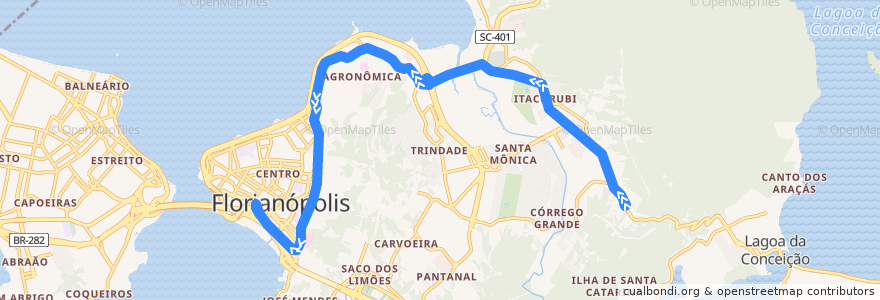 Mapa del recorrido Ônibus 104: TICEN - Itacorubi via Mauro Ramos, Itacorubi => TICEN de la línea  en فلوريانوبوليس.