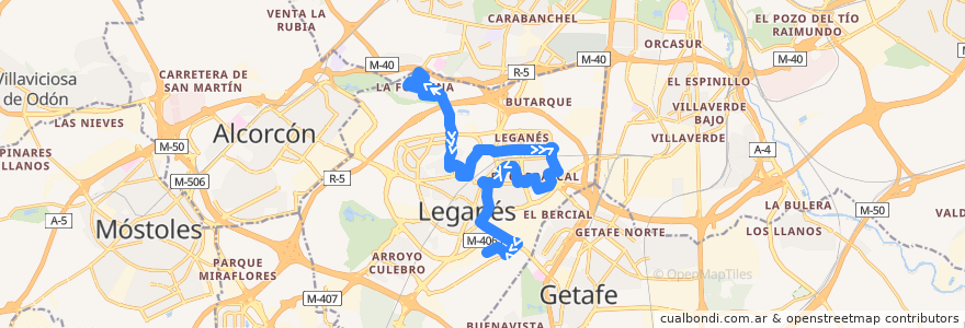 Mapa del recorrido Línea 1 de la línea  en Leganés.