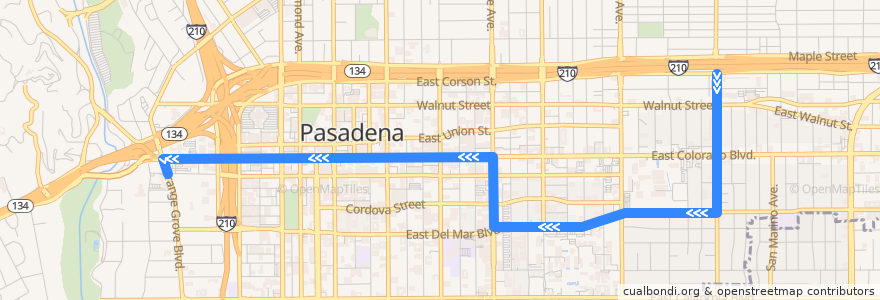 Mapa del recorrido Pasadena Transit 10 (westbound) de la línea  en Pasadena.