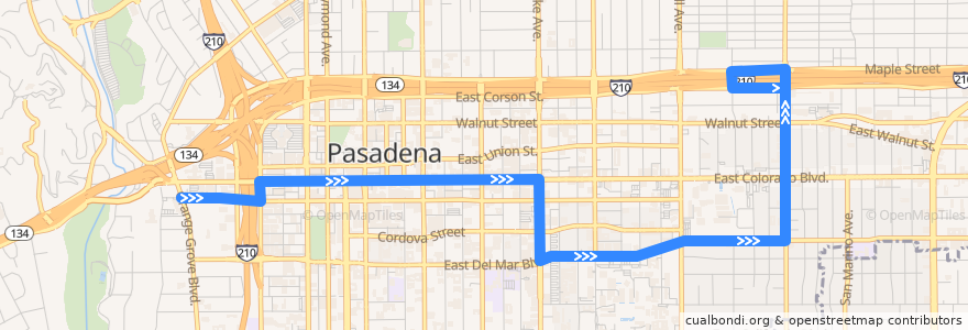 Mapa del recorrido Pasadena Transit 10 (eastbound) de la línea  en Pasadena.