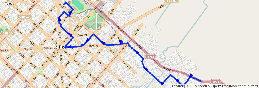 Mapa del recorrido 15 de la línea Este en Partido de La Plata.
