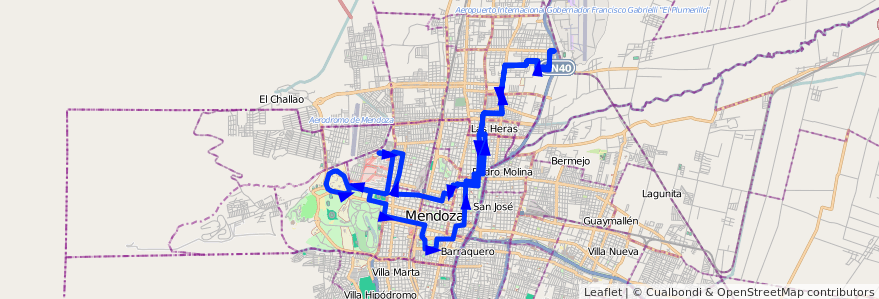 Mapa del recorrido 62 - Mathus Hoyos - Hospital - U.N.C. por Callejon Morales - Casa de Gob. de la línea G06 en Mendoza.