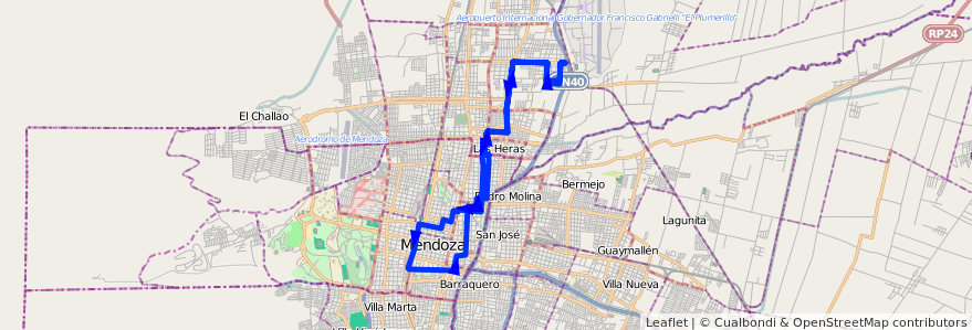 Mapa del recorrido 62 - Mathus Hoyos por Belgrano de la línea G06 en Mendoza.