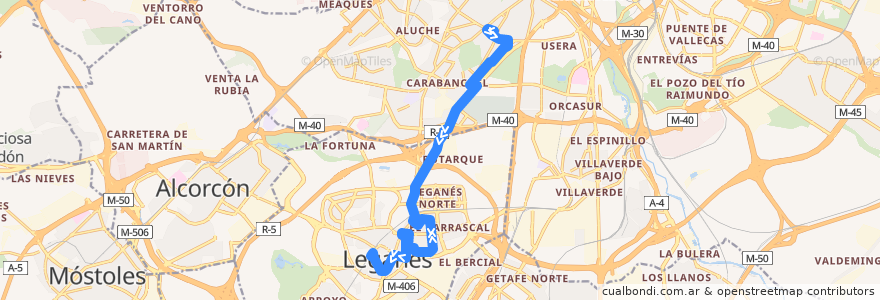 Mapa del recorrido Bus 484: Oporto → Estación FFCC Leganés de la línea  en Comunidad de Madrid.