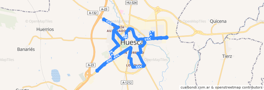 Mapa del recorrido Circular 3: Hospital San Jorge => Centros Comerciales de la línea  en Huesca/Uesca.