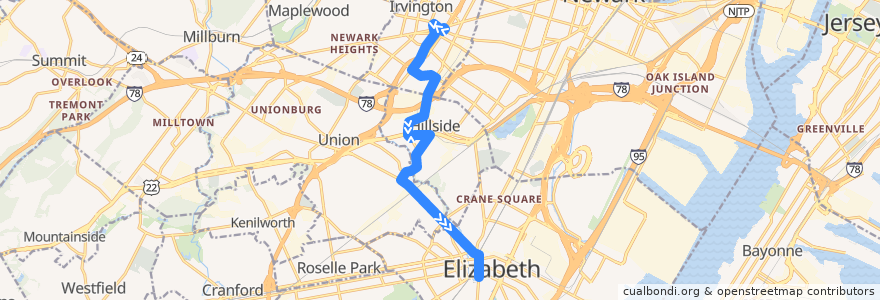 Mapa del recorrido NJTB - 26 - Irvington to Elizabeth de la línea  en ニュージャージー州.