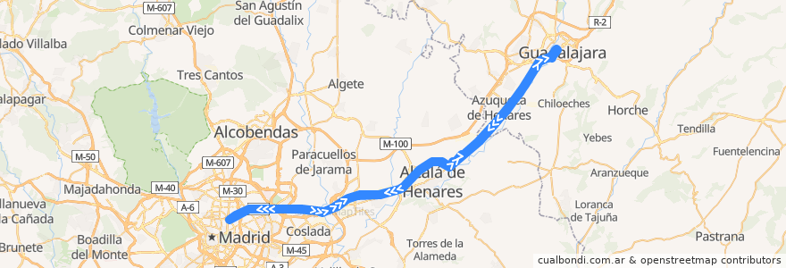 Mapa del recorrido Madrid - Guadalajara de la línea  en España.