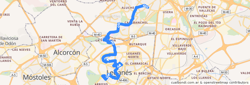 Mapa del recorrido Bus 486: Madrid (Oporto) - Leganés (Valdepelayo) de la línea  en Comunidad de Madrid.