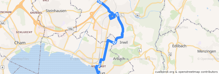 Mapa del recorrido Bus 4: Blickensdorf, Dorf => Inwil bei Baar => Zug, Postplatz de la línea  en Zug.