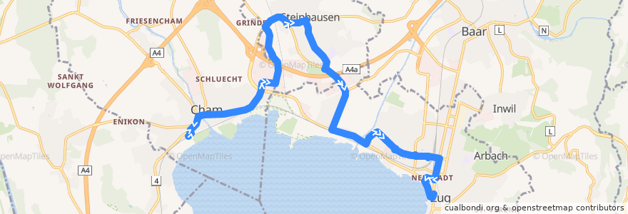 Mapa del recorrido Bus 6: Cham, Bahnhof => Steinhausen => Zug, Postplatz de la línea  en Zoug.