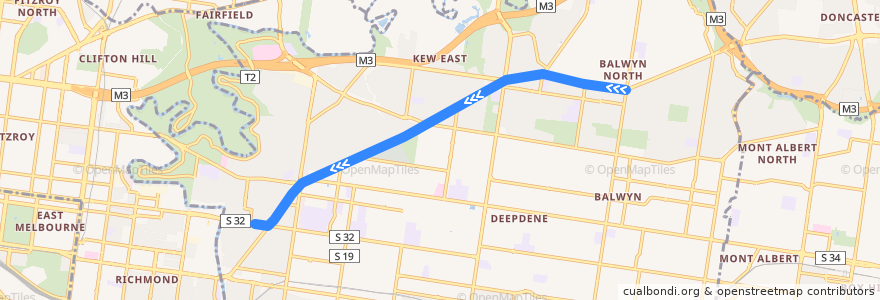 Mapa del recorrido Tram 48d: North Balwyn => Kew Depot de la línea  en City of Boroondara.