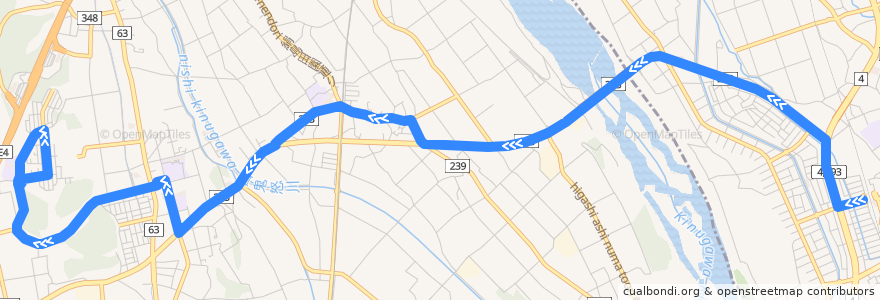 Mapa del recorrido 上河内地域路線バス氏家線 氏家駅⇒上河内地域自治センター⇒西小学校 de la línea  en Tochigi Prefecture.