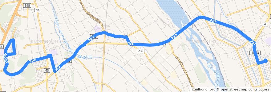 Mapa del recorrido 上河内地域路線バス氏家線 西小学校⇒上河内地域自治センター⇒氏家駅 de la línea  en Prefettura di Tochigi.