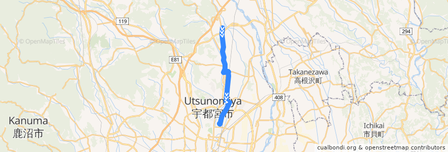 Mapa del recorrido 上河内地域路線バス済生会病院線 上河内地域自治センター⇒田原コミュニティプラザ⇒済生会病院 de la línea  en Utsunomiya.