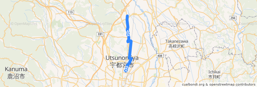 Mapa del recorrido 上河内地域路線バス済生会病院線 済生会病院⇒田原コミュニティプラザ⇒上河内地域自治センター de la línea  en 宇都宮市.