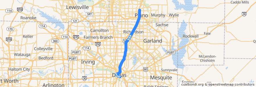 Mapa del recorrido Red Line: Cedars => Parker Road de la línea  en Dallas County.