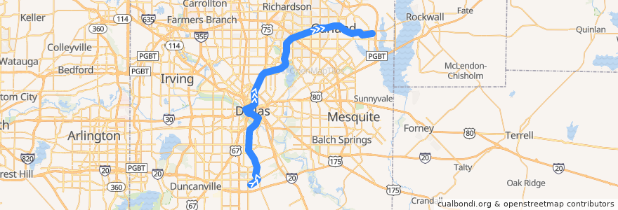Mapa del recorrido Blue Line: UNT Dallas => Downtown Rowlett de la línea  en Dallas County.