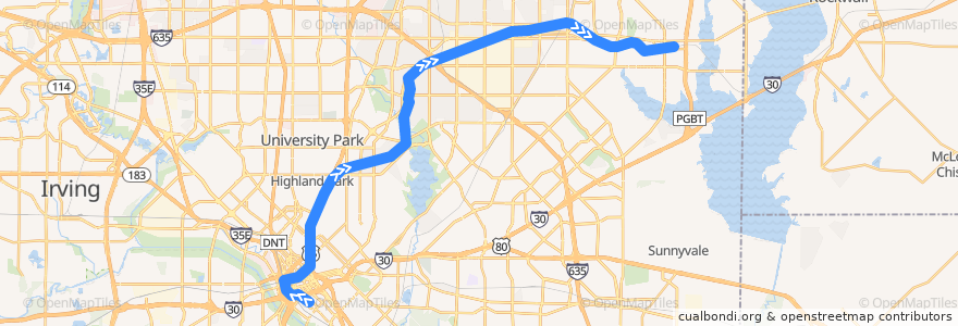 Mapa del recorrido Blue Line: Cedars => Downtown Rowlett de la línea  en Dallas County.