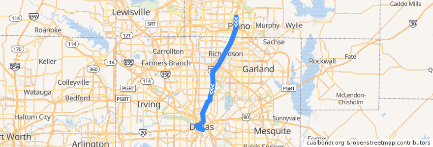 Mapa del recorrido Red Line: Parker Road => Cedars de la línea  en Dallas County.