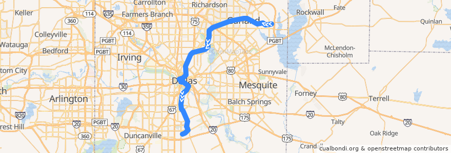 Mapa del recorrido Blue Line: Downtown Rowlett => UNT Dallas de la línea  en Dallas County.